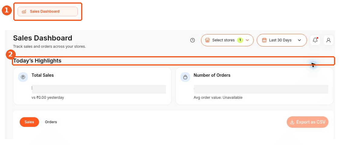 Sales Dashboard screen showing how to answer: Where can I see today’s sales highlights?