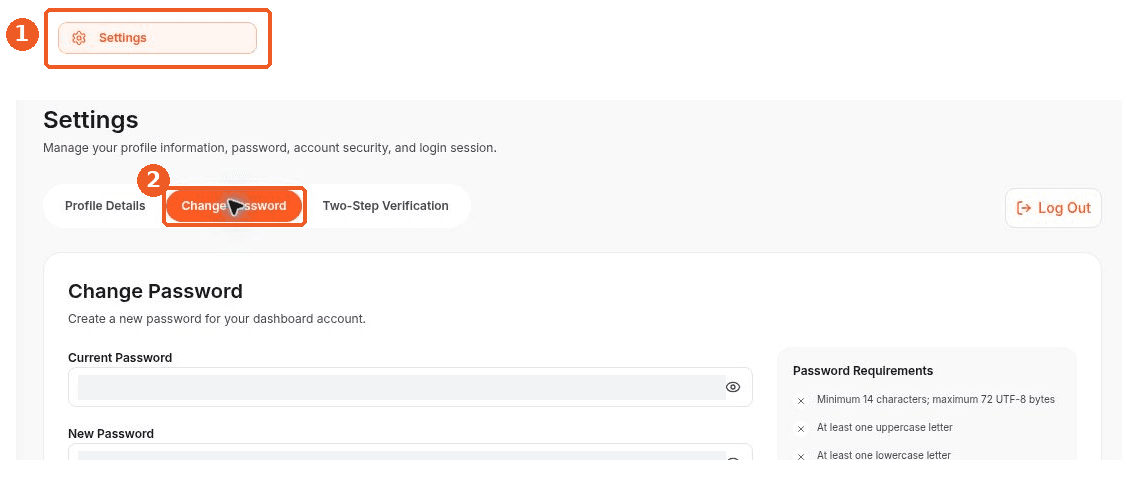 Settings screen showing how to answer: Where can I change my password?