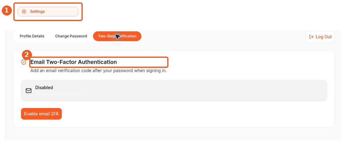 Settings screen showing how to answer: Where can I find email two-factor authentication?
