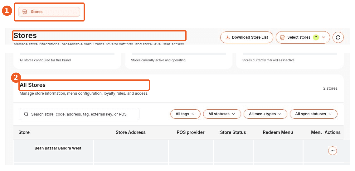 Stores screen showing how to answer: Where can I find and filter my stores?