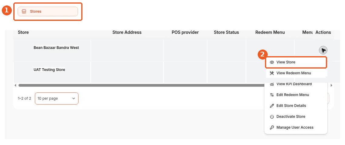 Stores screen showing how to answer: Where can I see a store’s details?