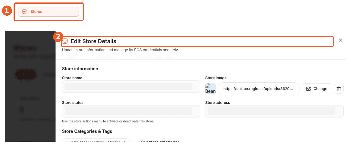 Stores screen showing how to answer: Where can I edit store details and view POS integration settings?