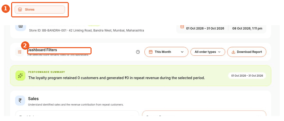 Stores screen showing how to answer: Where can I see a store’s KPI dashboard?