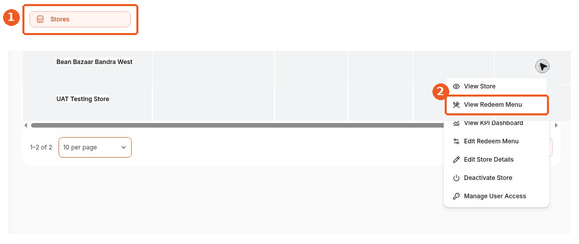 Stores screen showing how to answer: Where can I open a store’s redemption menu?
