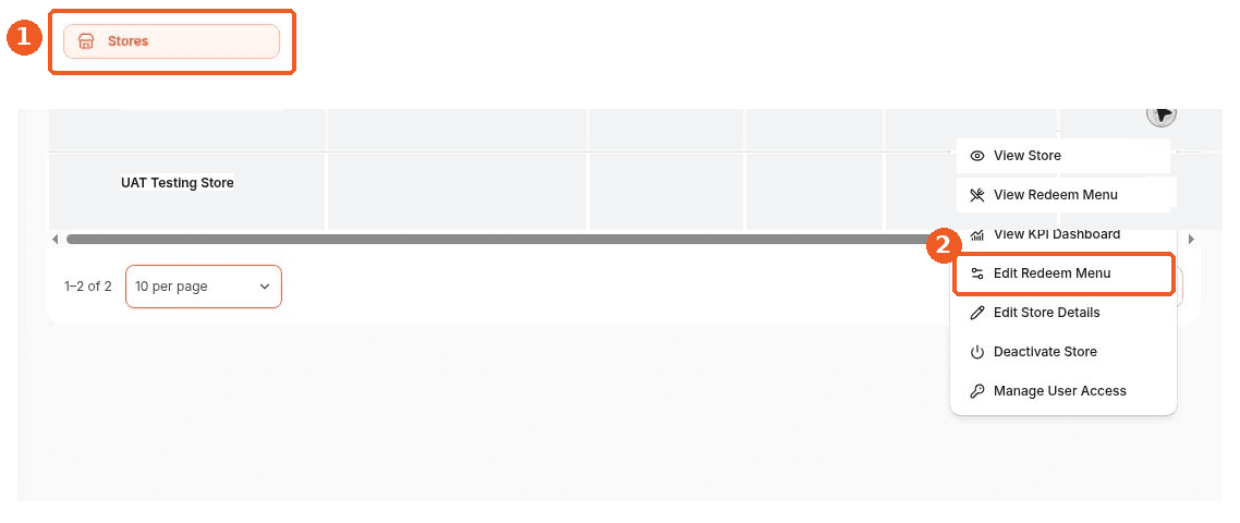 Stores screen showing how to answer: Where can I edit a store’s redemption menu?