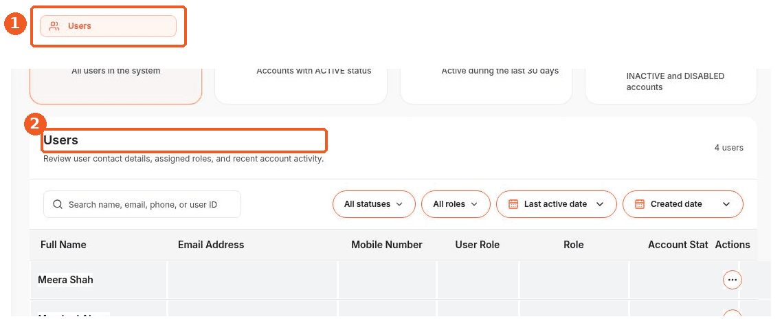Users screen showing how to answer: Where can I see and filter users?