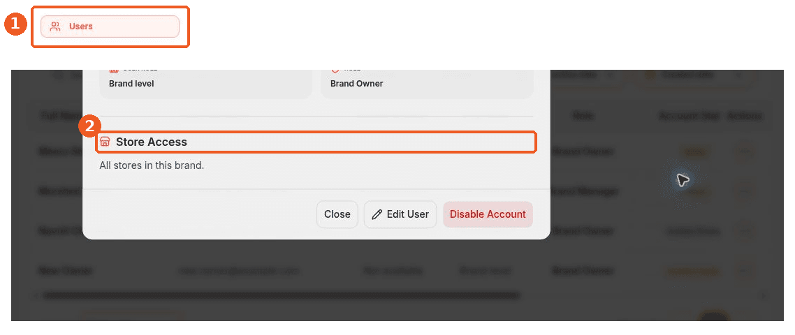 Users screen showing how to answer: Where can I view a user’s details and store access?
