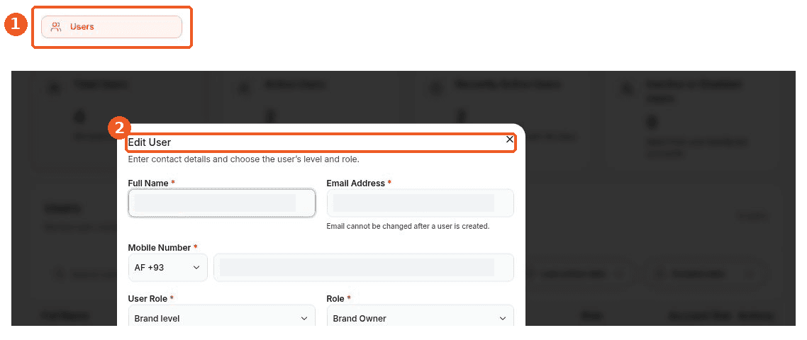 Users screen showing how to answer: Where can I edit a user’s details and role?