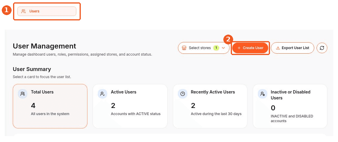 Users screen showing how to answer: Where can I create a user invitation?