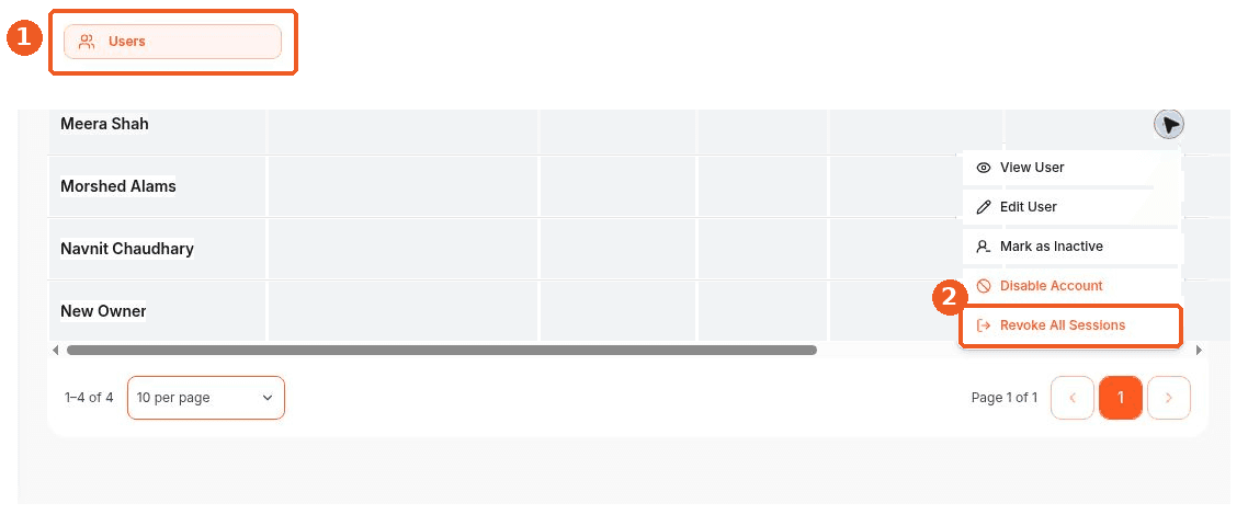 Users screen showing how to answer: Where can I find user status and session actions?