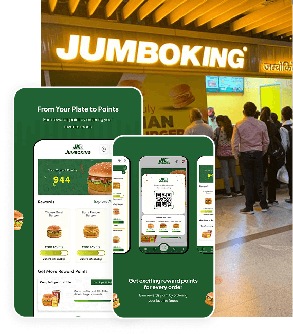 Jumboking restaurant storefront with overlapping loyalty app reward screens.
