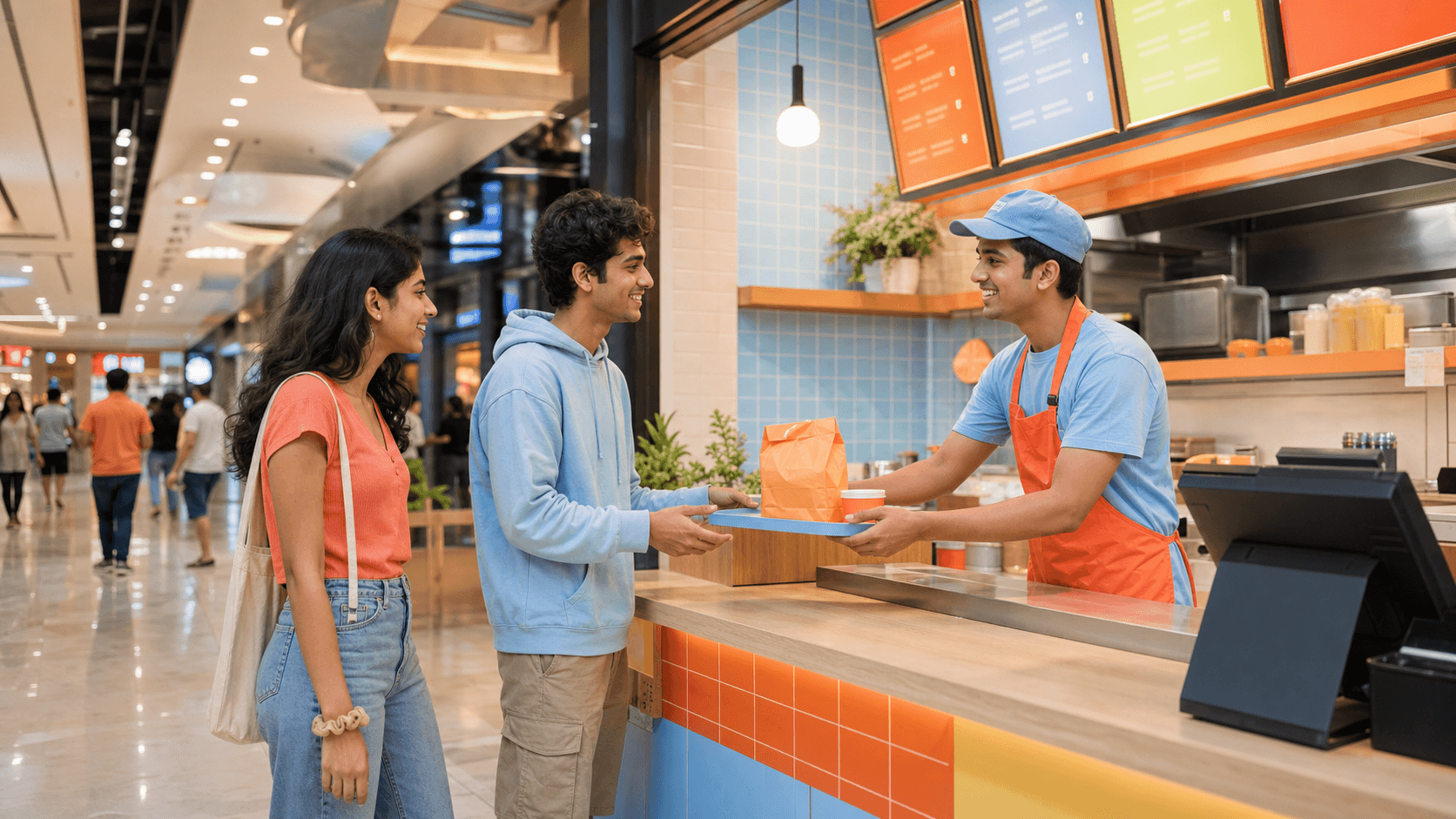 Reglrs loyalty experience with two customers receiving an order at a quick-service restaurant.